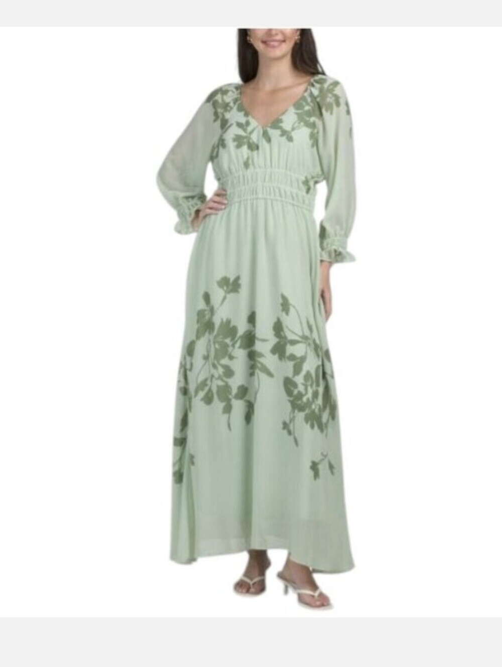 TAYLOR Green Floral Long Sleeve V-Neck Elastic Waist Maxi Dress Size 4